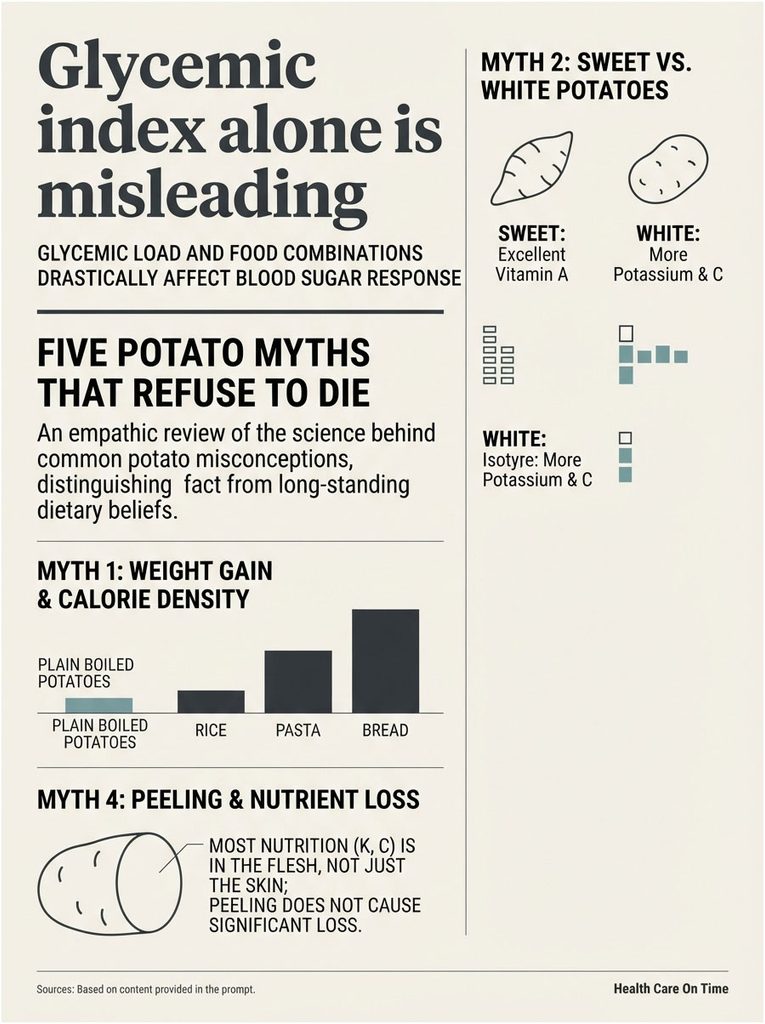 Infographic explaining potato myths, featuring graphs comparing calorie density and nutrient content of potatoes, rice, pasta, and bread.