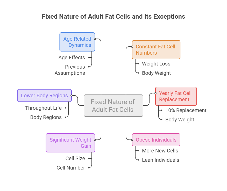 Infographic illustrating fixed nature of adult fat cells, including age-related dynamics and exceptions like obesity.