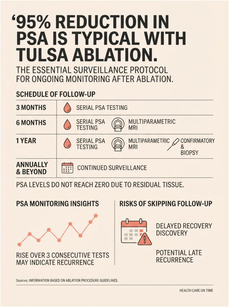 Infographic detailing Tulsa Ablation follow-up schedule and PSA monitoring insights with charts and icons.