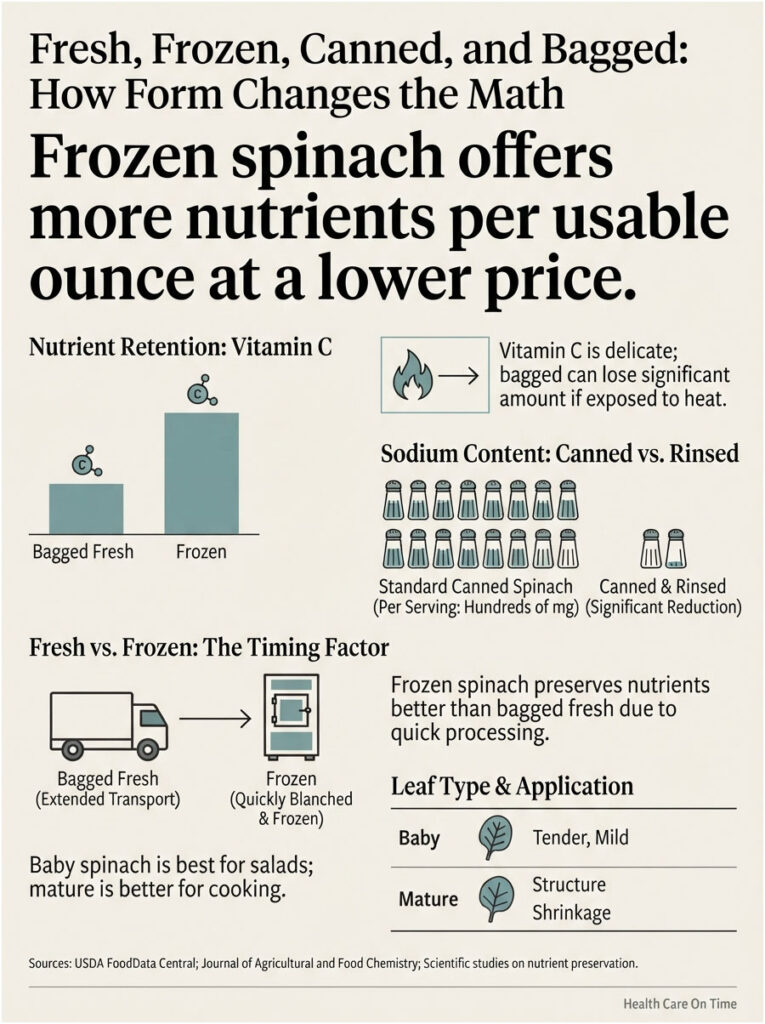Infographic comparing nutrient retention in fresh, frozen, canned, and bagged spinach with charts and icons.