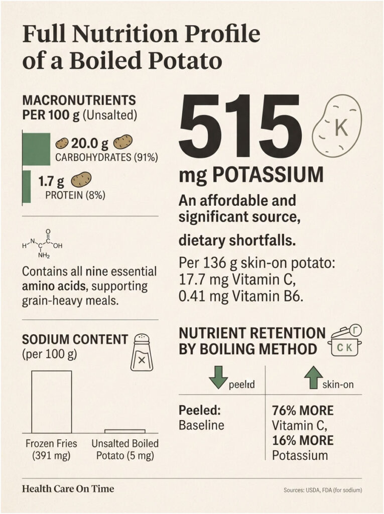 Infographic showing the nutrition profile of boiled potatoes, including macronutrients, potassium, and sodium content.