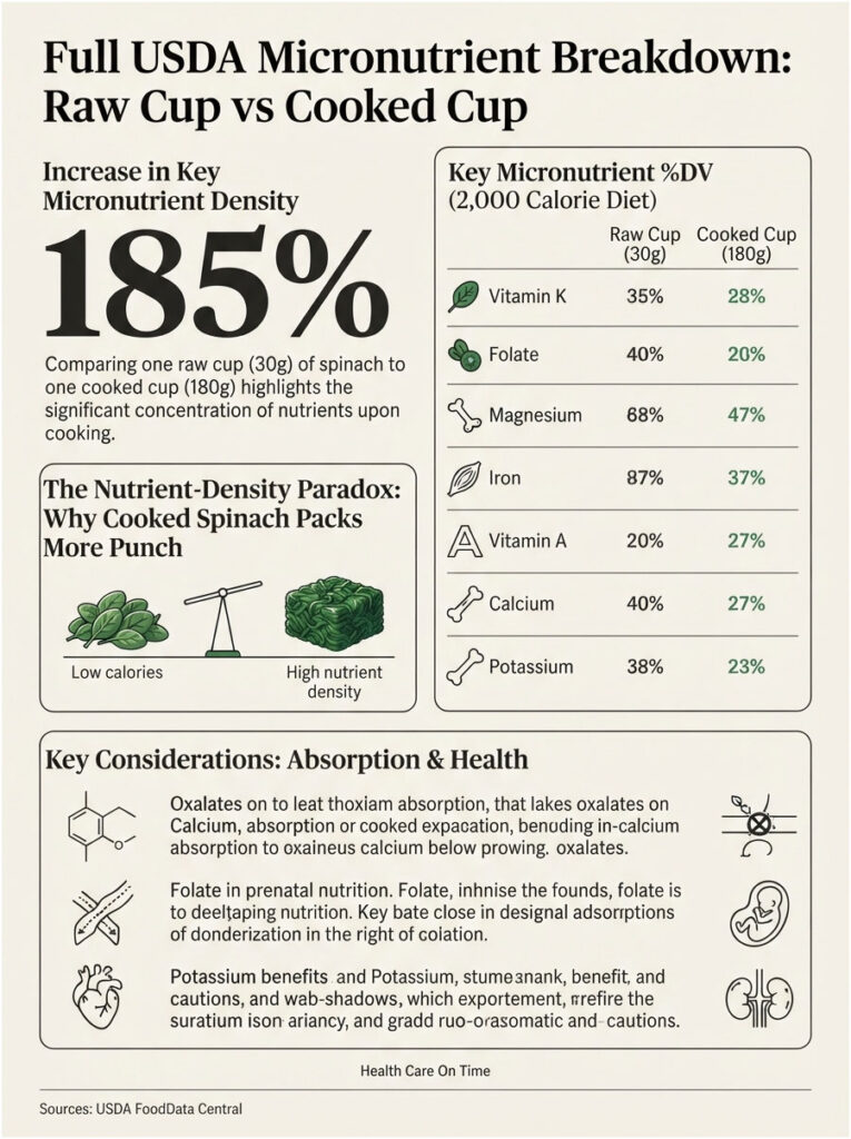 Infographic comparing micronutrient density of raw vs cooked spinach, showing key nutrients and their percentages.