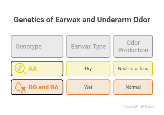Infographic showing genetics of earwax and underarm odor with genotypes, earwax types, and odor production levels.