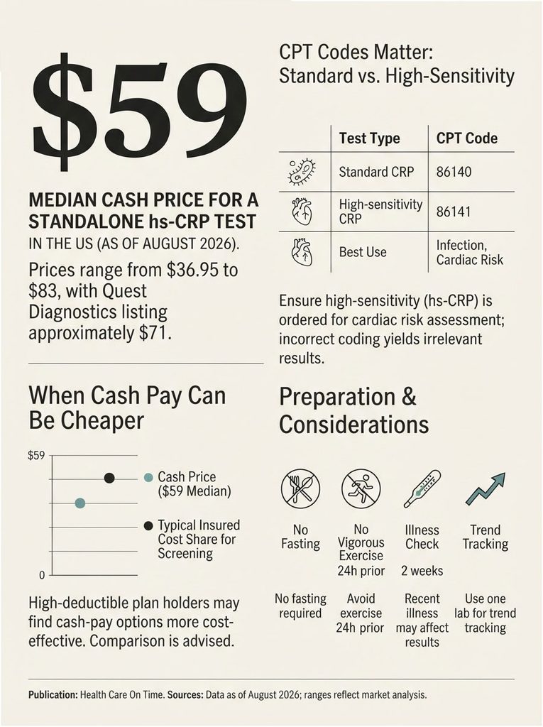 Infographic showing median cash price for hs-CRP test, CPT codes, and preparation tips for testing.