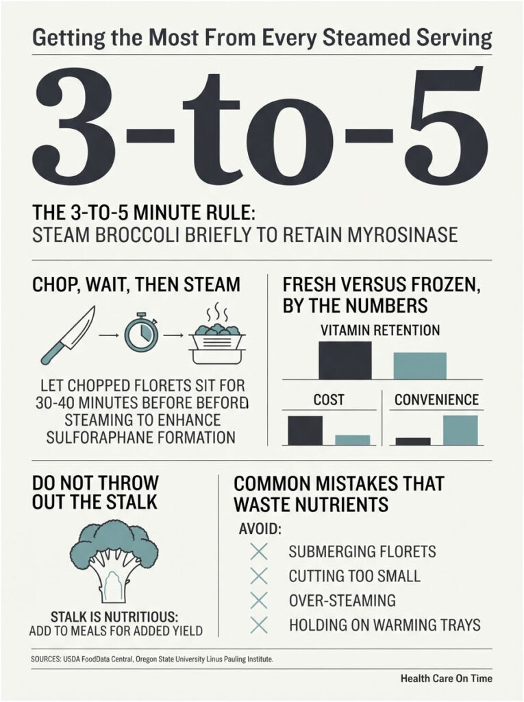Infographic explaining steaming broccoli, including the 3-to-5 minute rule and common mistakes to avoid.