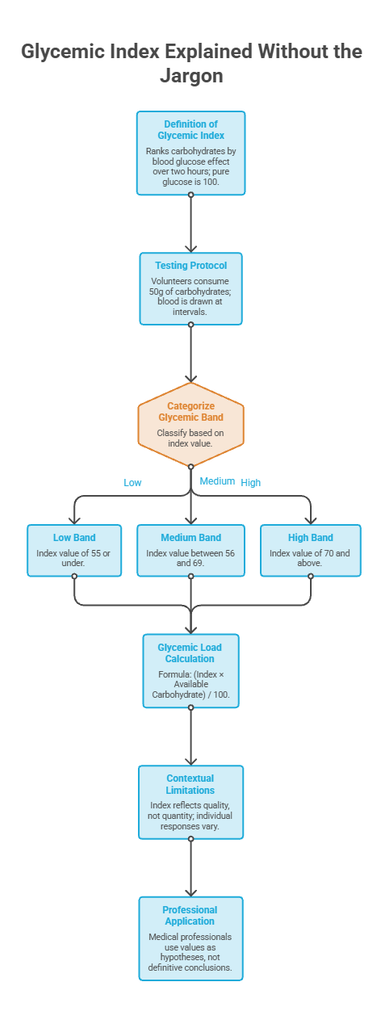 Infographic explaining glycemic index, including definitions, testing protocol, and categories of glycemic bands.