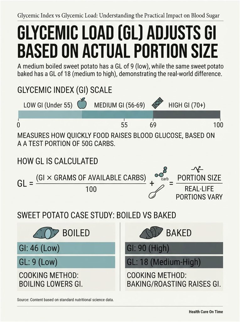 Infographic comparing glycemic load of boiled and baked sweet potatoes, showing GI and GL values with illustrations.