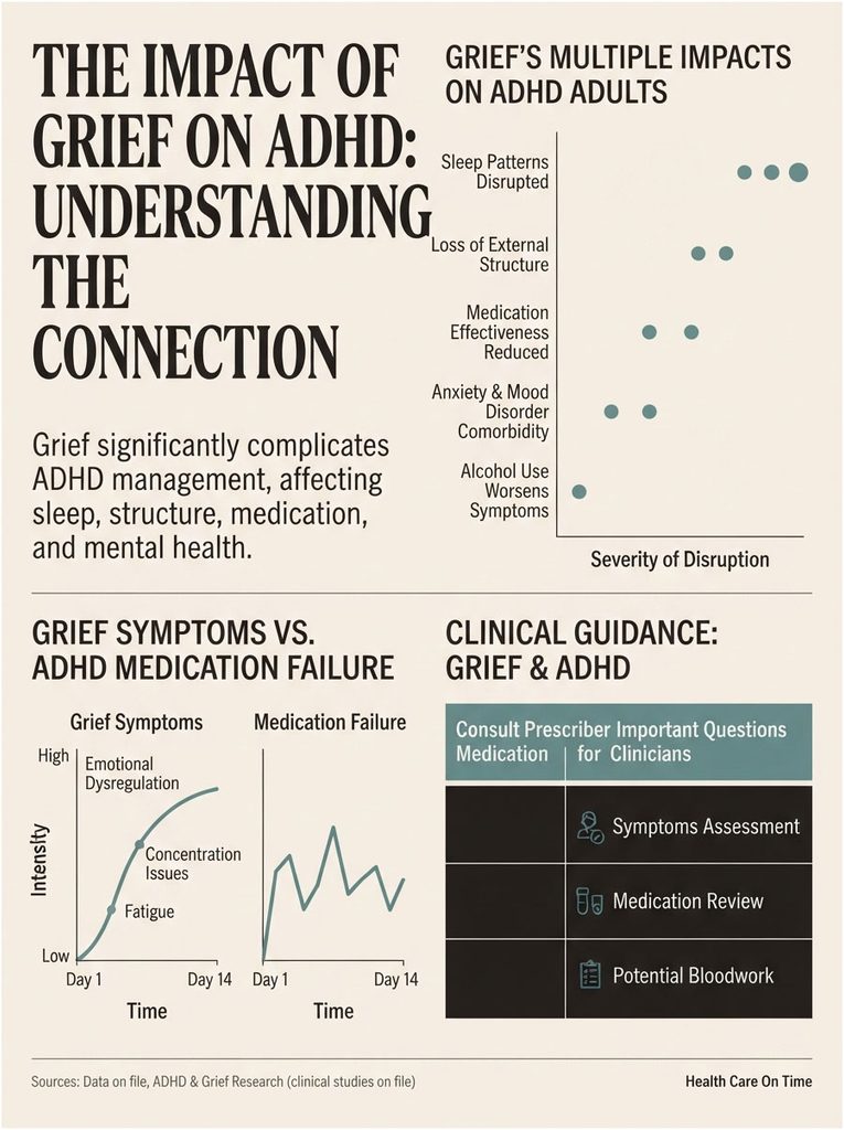 Infographic showing the impact of grief on ADHD, including charts on symptoms and medication failure over time.