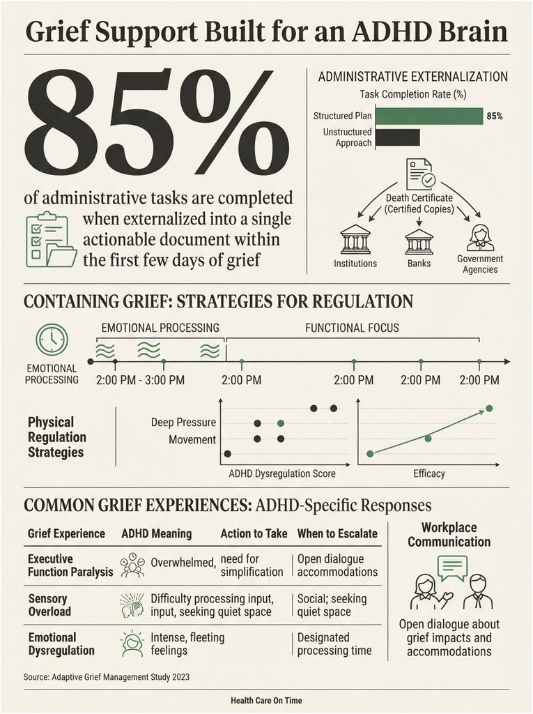Infographic showing grief support strategies for ADHD, including statistics, charts, and emotional processing timelines.