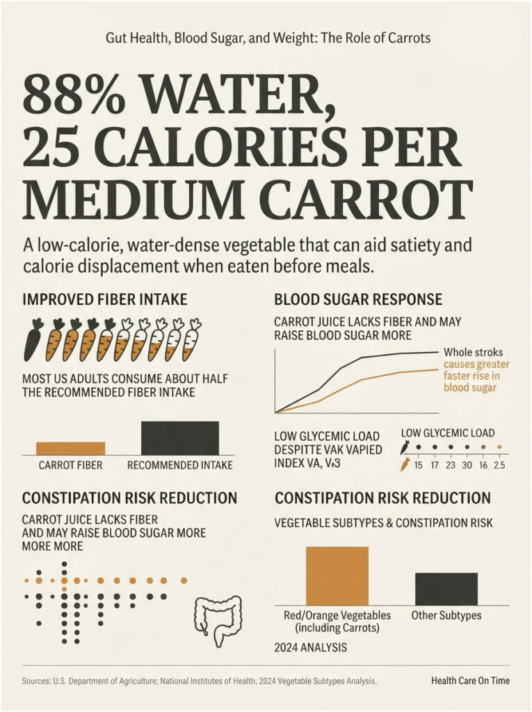 Infographic showing carrot nutrition facts, fiber intake, blood sugar response, and constipation risk reduction data.