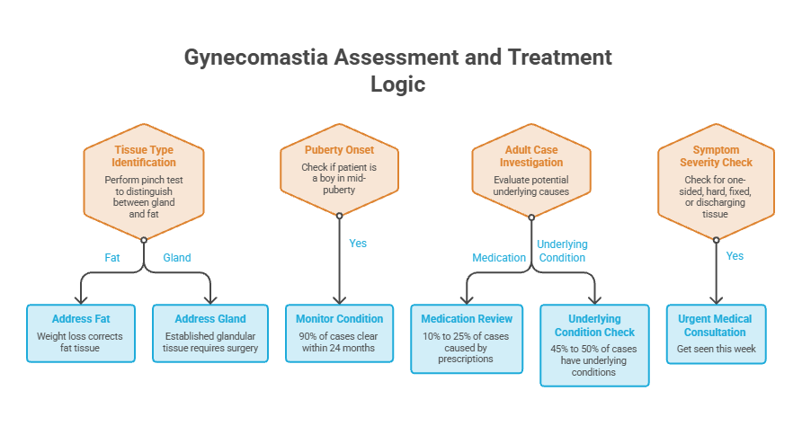 Infographic showing gynecomastia assessment and treatment logic with flowchart elements and decision points.