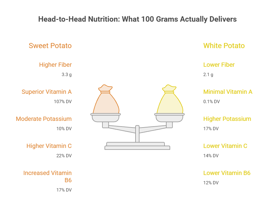 Comparison of sweet potato and white potato nutrition per 100 grams, showing fiber, vitamins, and potassium levels. Infographic.