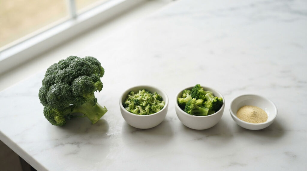 Fresh broccoli and two bowls of chopped broccoli on a marble countertop.