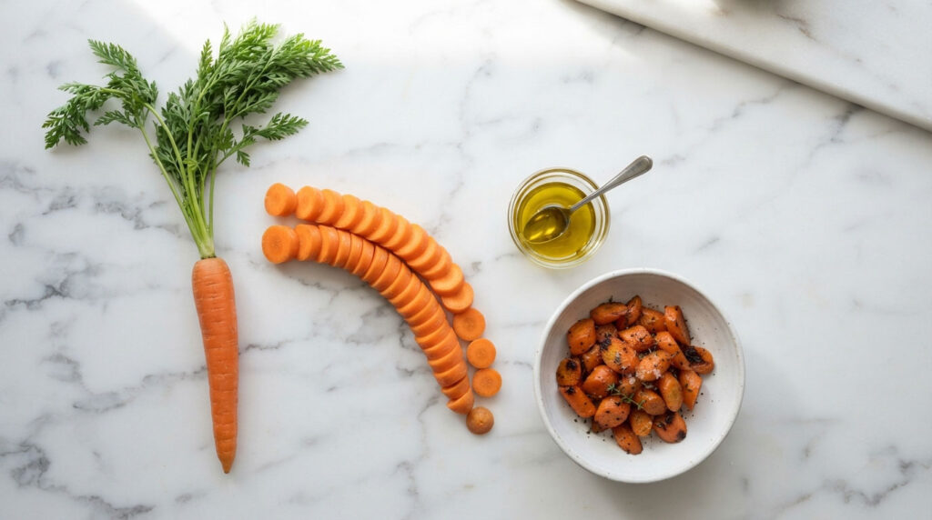 Fresh carrots, sliced and roasted, with olive oil and a whole carrot on a marble surface.