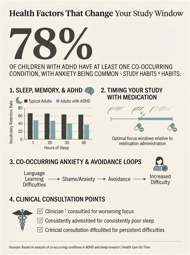 Infographic showing health factors affecting study habits in children with ADHD, including sleep and anxiety statistics.