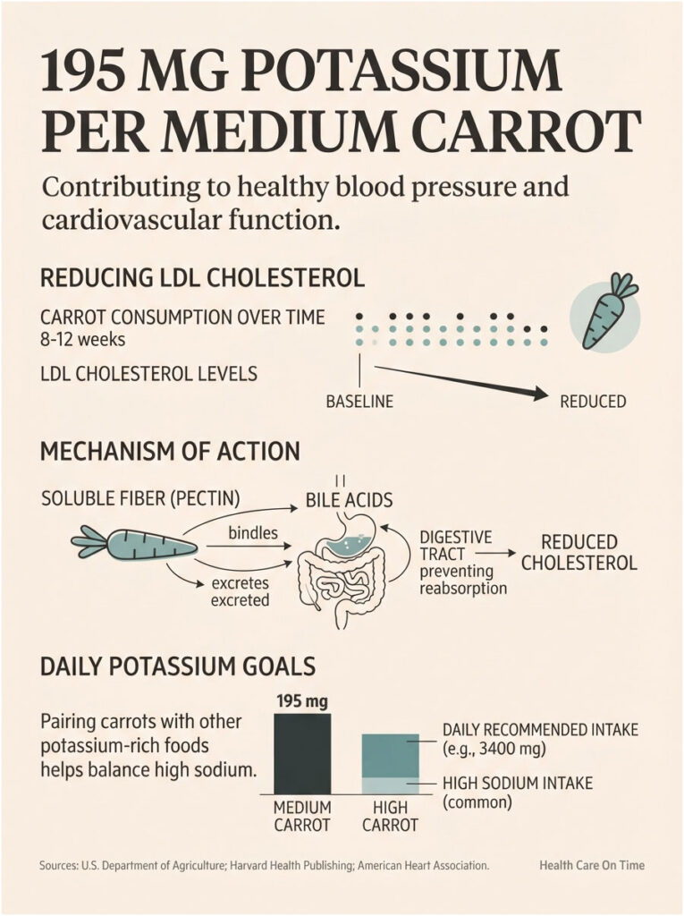 Infographic showing 195 mg potassium per medium carrot, LDL cholesterol reduction, and daily potassium goals.