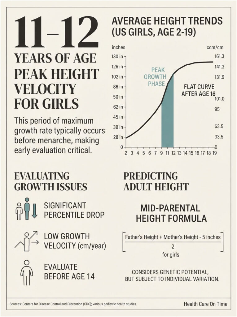 Infographic showing average height trends for US girls, growth velocity, and predicting adult height formulas.