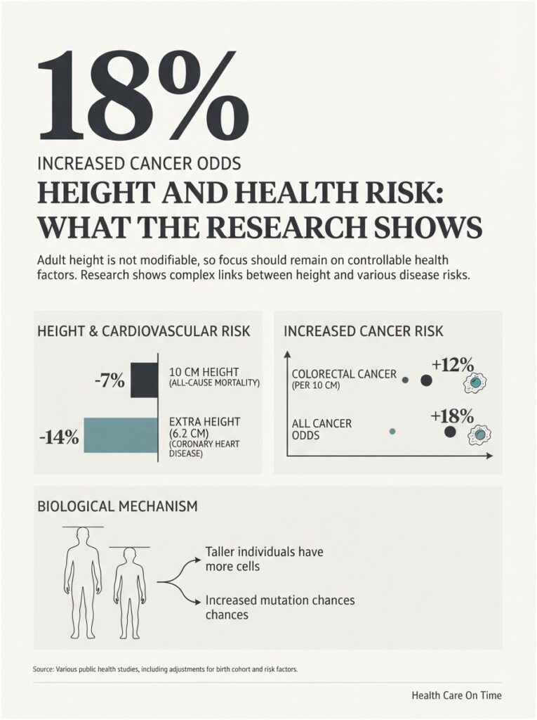 Infographic showing increased cancer odds related to height, with statistics on cardiovascular risk and biological mechanisms.