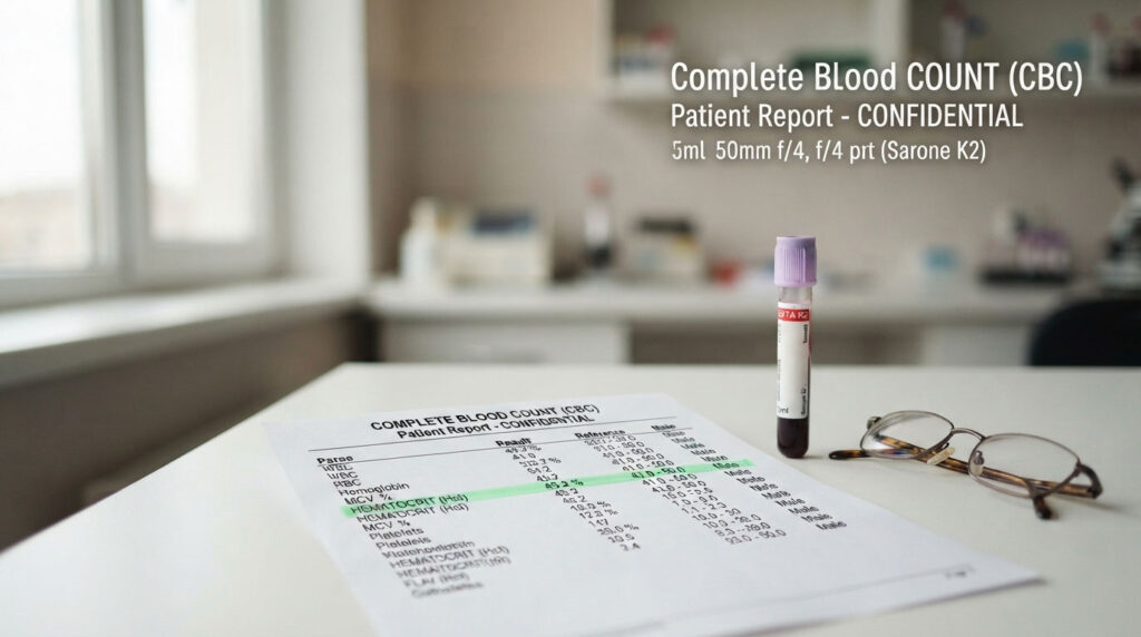 A complete blood count report with a test tube and glasses on a table in a medical setting.