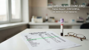 A complete blood count report with a test tube and glasses on a table in a medical setting.