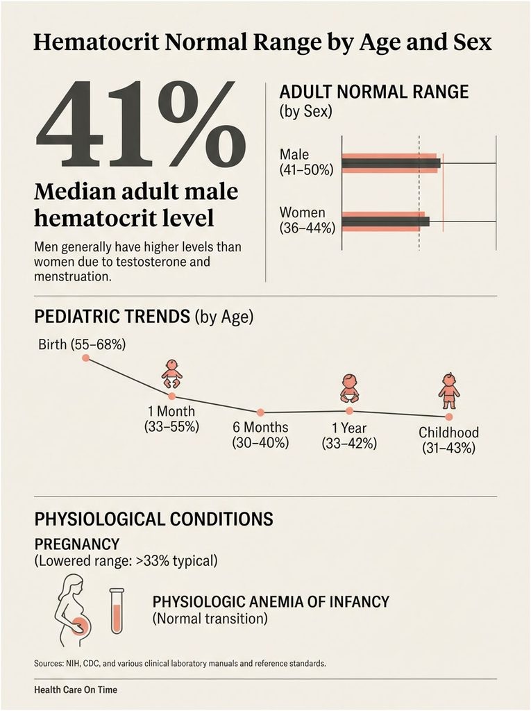 Infographic showing hematocrit normal range by age and sex, including statistics and pediatric trends.