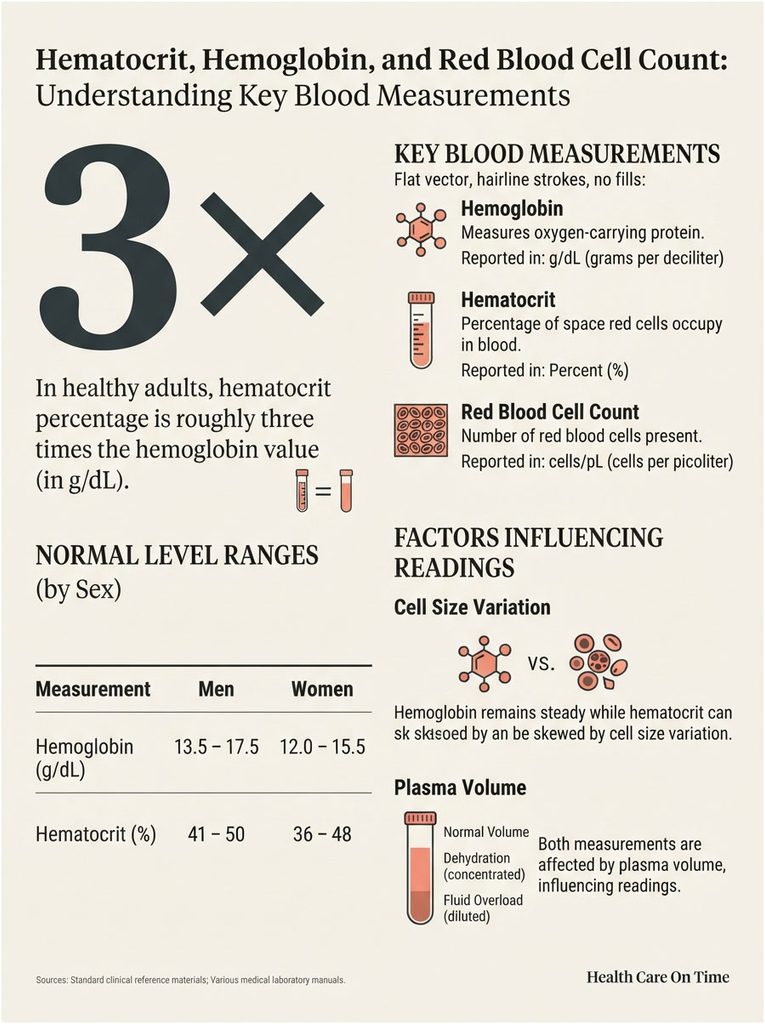 Infographic explaining hematocrit, hemoglobin, and red blood cell count with charts and key measurements.