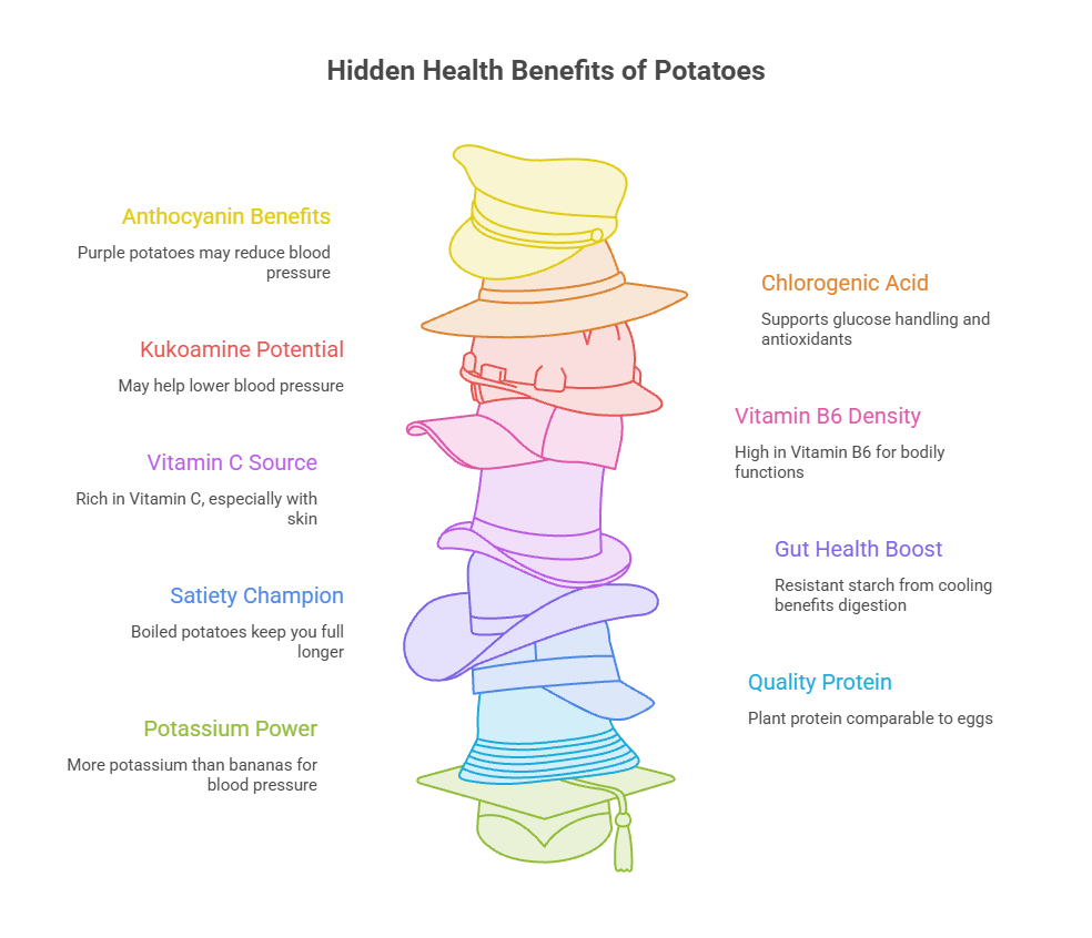 Infographic showing hidden health benefits of potatoes with colorful headings and descriptions for each benefit.