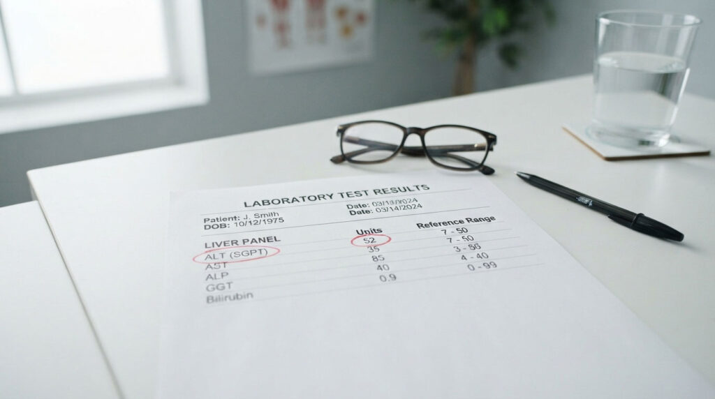 A laboratory test results sheet showing liver panel values, with a pair of glasses and a glass of water nearby.