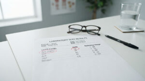 A laboratory test results sheet showing liver panel values, with a pair of glasses and a glass of water nearby.