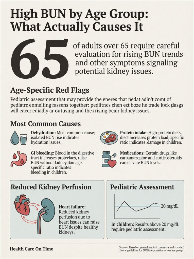 Infographic showing causes of high BUN levels, including dehydration, GI bleeding, and protein intake statistics.