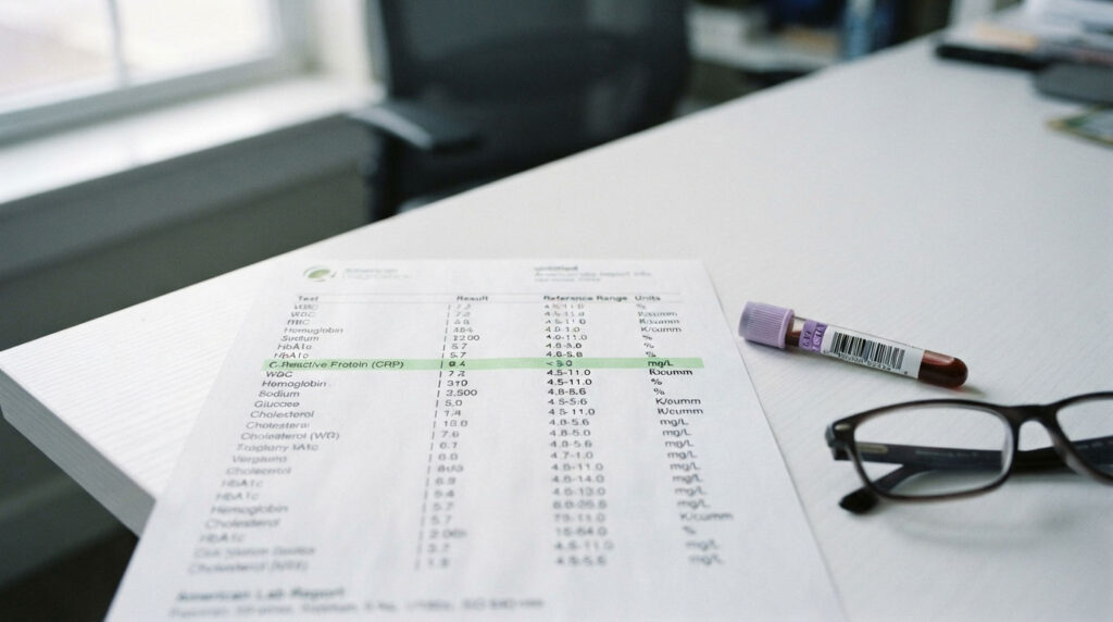A lab report on a white table with a blood sample tube and glasses nearby.