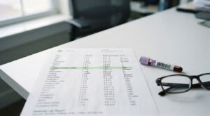A lab report on a white table with a blood sample tube and glasses nearby.