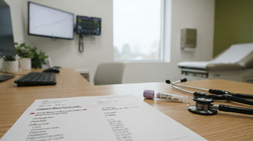A medical report and stethoscope on a desk in a doctor's office with monitors in the background.
