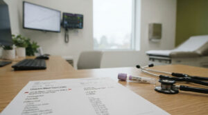 A medical report and stethoscope on a desk in a doctor's office with monitors in the background.