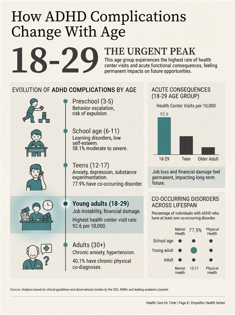 Infographic showing ADHD complications by age, highlighting statistics and consequences for ages 18-29.