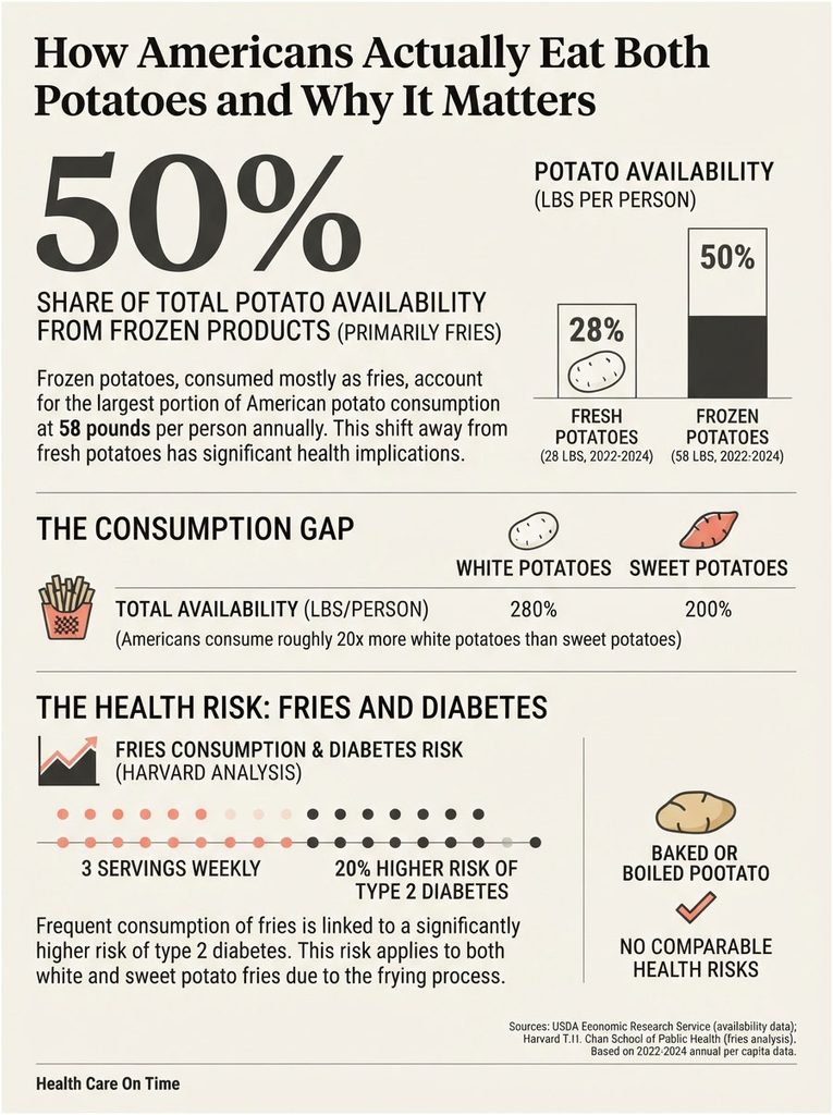Infographic showing potato consumption in the U.S., highlighting frozen vs. fresh potatoes and health risks of fries.