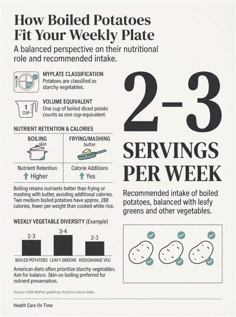 Infographic showing boiled potatoes' nutritional role, serving recommendations, and preparation methods with charts.