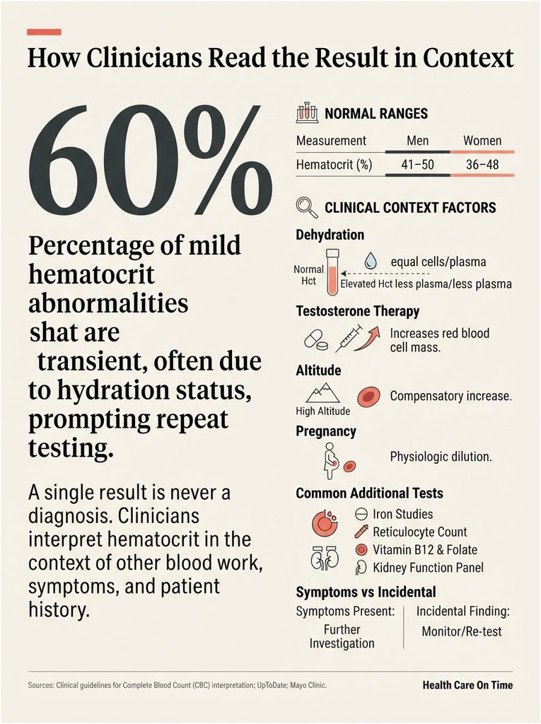 Infographic showing 60% of mild hematocrit abnormalities, clinical context factors, and normal ranges for men and women.