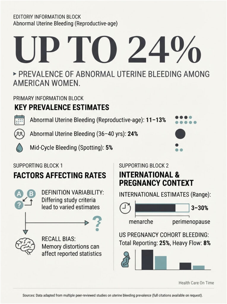 Infographic showing prevalence of abnormal uterine bleeding among American women with statistics and factors affecting rates.