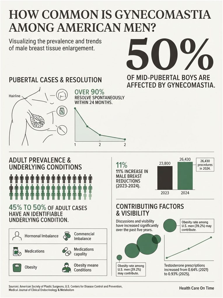 Infographic showing gynecomastia prevalence in American men, including statistics and contributing factors.