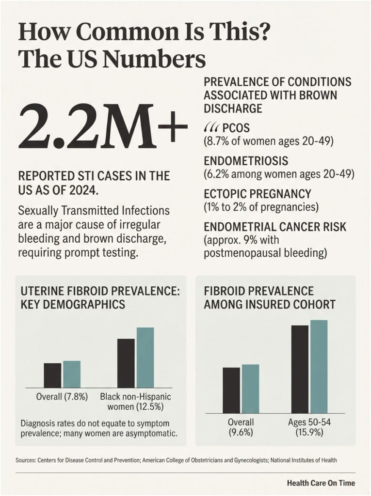 Infographic showing STI statistics, conditions linked to brown discharge, and fibroid prevalence data.