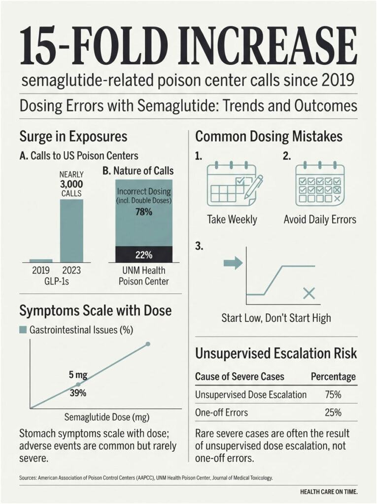 Infographic showing semaglutide-related poison center calls, dosing errors, and common mistakes in 2023.