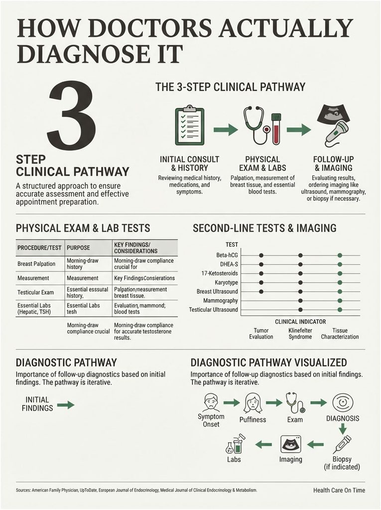 Infographic illustrating the 3-step clinical pathway for diagnosing conditions, including tests and diagnostic pathways.