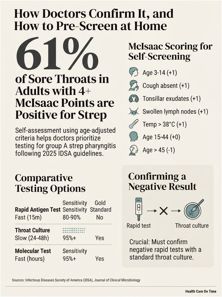 Infographic showing strep throat statistics and self-screening criteria with charts and icons for testing options.
