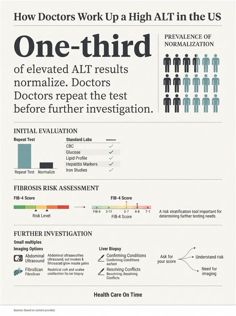 Infographic explaining how doctors evaluate high ALT levels, including tests and risk assessment tools.