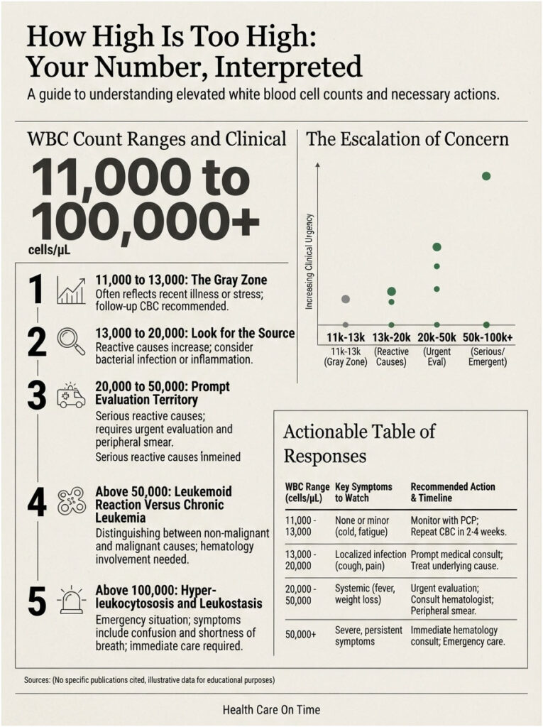 Infographic explaining elevated white blood cell counts with ranges, symptoms, and recommended actions.
