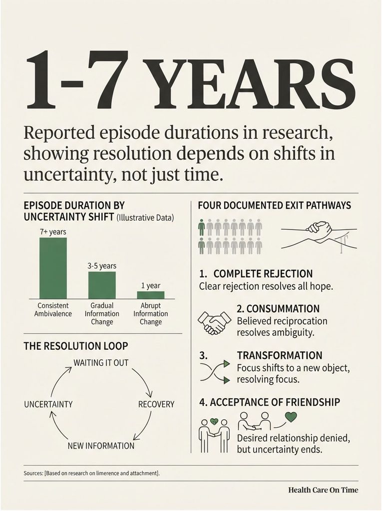 Infographic showing episode durations by uncertainty shift with four exit pathways and the resolution loop.