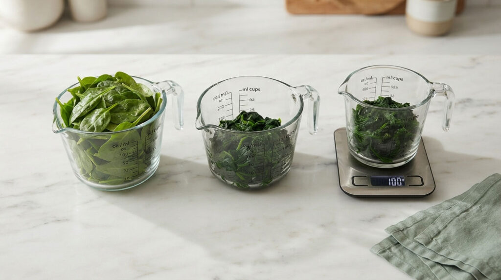 Three glass measuring cups filled with fresh spinach on a marble countertop, with a digital scale displaying 100 grams.