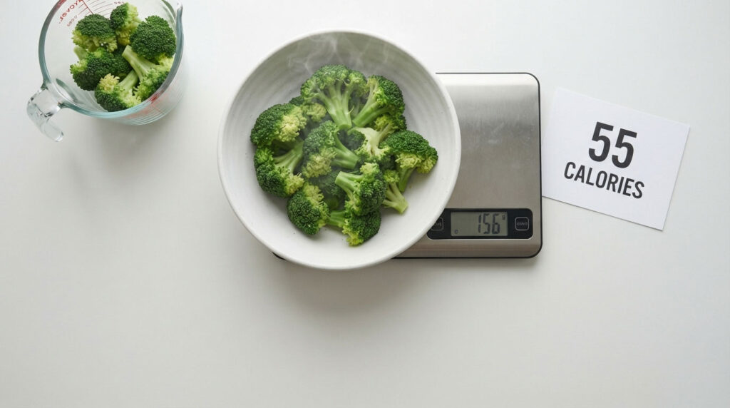 A bowl of steamed broccoli sits on a digital scale showing 156 grams, with a card displaying 55 calories nearby.