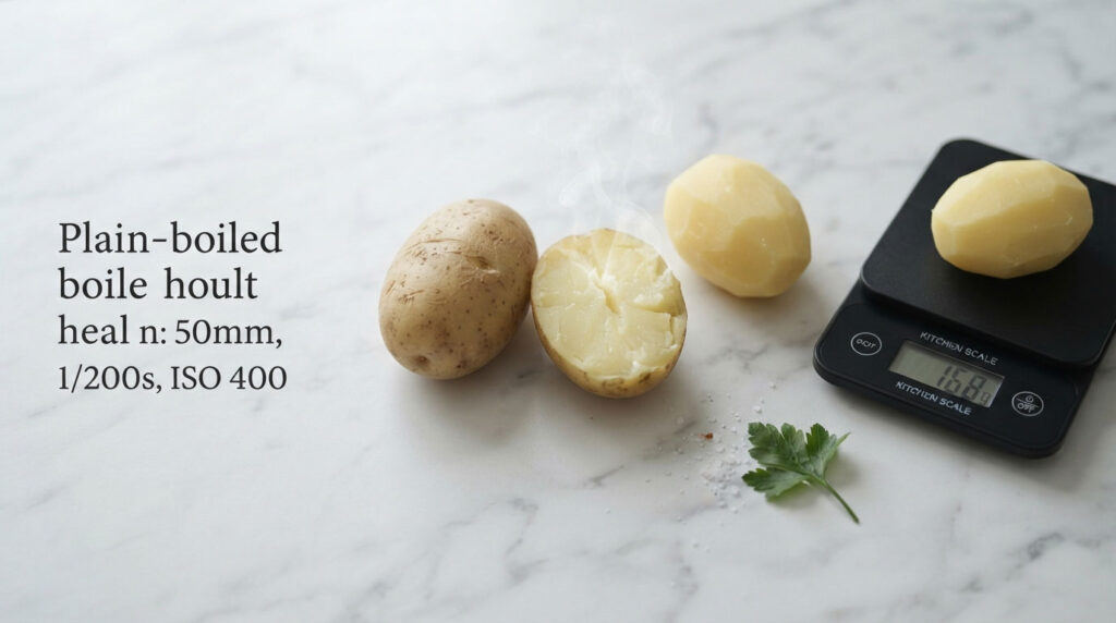 Three potatoes on a marble surface, one cut in half, with steam rising and a kitchen scale displaying weight.